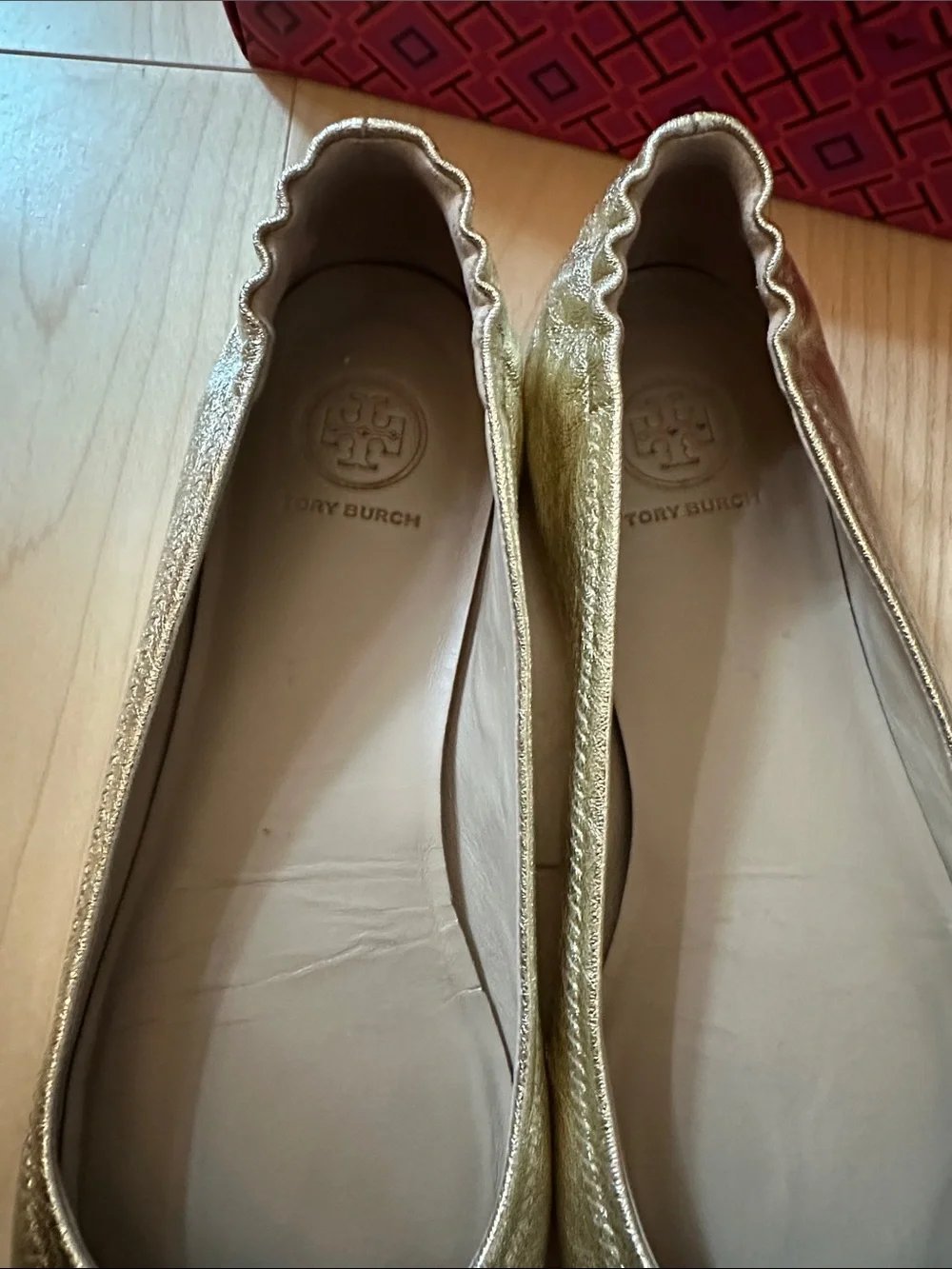 Tory Burch Metallic Gold Leather Logo Ballet Flats